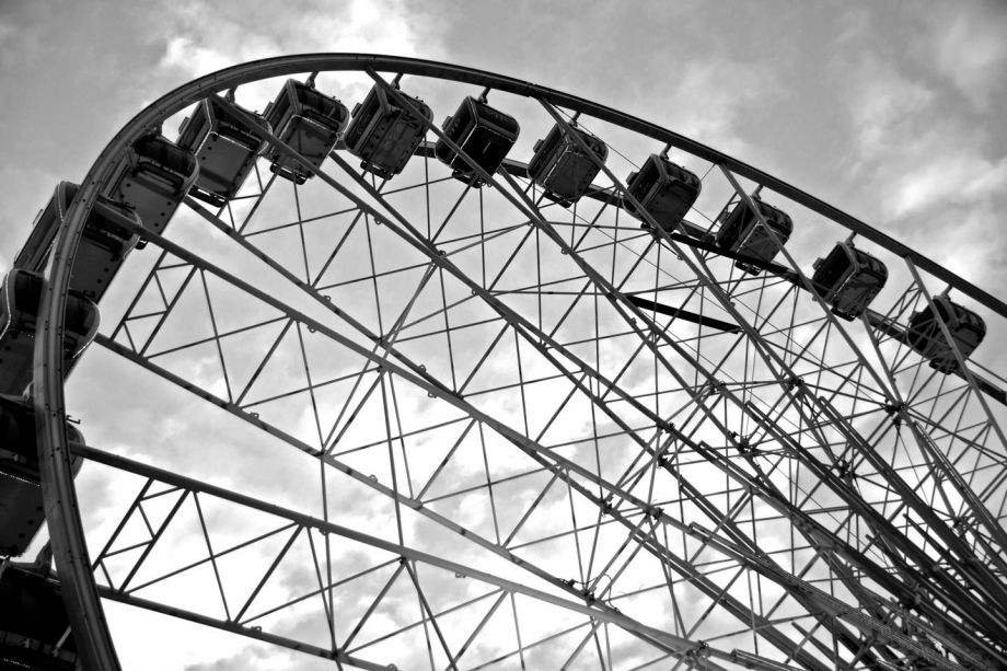 Black and white photography of an amusement park